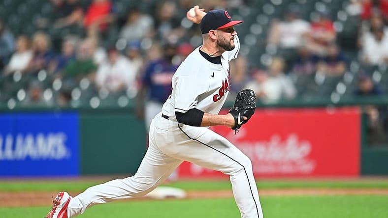 Sep 7, 2021; Cleveland, Ohio, USA; Cleveland Indians starting pitcher Alex Young (46) throws a pitch during the seventh inning against the Minnesota Twins at Progressive Field. Mandatory Credit: Ken Blaze-USA TODAY Sports