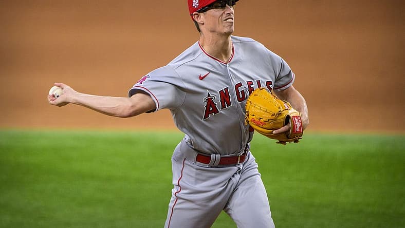 Sep 30, 2021; Arlington, Texas, USA; Los Angeles Angels relief pitcher Jimmy Herget (46) pitches against the Texas Rangers during the eighth inning at Globe Life Field. Mandatory Credit: Jerome Miron-USA TODAY Sports