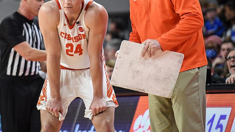 Clemson sophomore center PJ Hall(24) listens to Clemson Head Coach Brad Brownell during the second half at Littlejohn Coliseum Thursday, February 10, 2022.
Ncaa Basketball Duke At Clemson