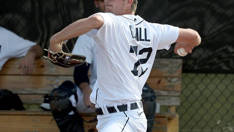 Detroit Tigers prospect Garrett Hill warms up before throwing live batting practice during spring training  minicamp Wednesday, Feb. 23, 2022 at Tiger Town in Lakeland.

Tigers7