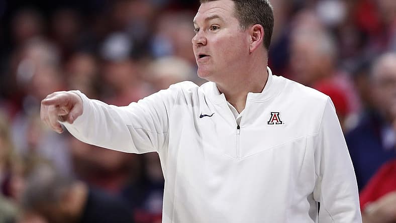Mar 3, 2022; Tucson, Arizona, USA; Arizona Wildcats head coach Tommy Lloyd gestures during the second half against the Stanford Cardinal at McKale Center. Mandatory Credit: Chris Coduto-USA TODAY Sports