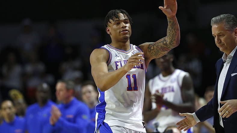 Mar 5, 2022; Gainesville, Florida, USA; Florida Gators forward Keyontae Johnson (11) is recognized before the game against the Kentucky Wildcats  during the first half at Billy Donovan Court at Exactech Arena. Mandatory Credit: Kim Klement-USA TODAY Sports