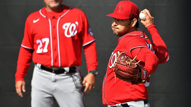 Mar 16, 2022; West Palm Beach, FL, USA; Washington Nationals pitcher Anibal Sanchez warms up during spring training at The Ballpark of the Palm Beaches. Mandatory Credit: Jim Rassol-USA TODAY Sports
