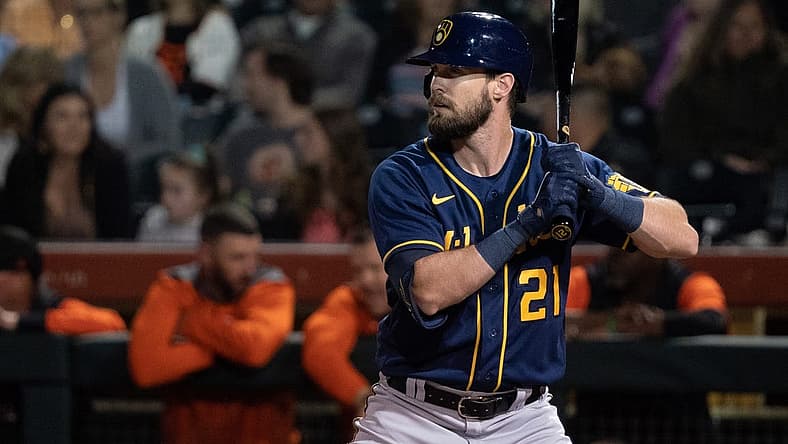 Mar 21, 2022; Scottsdale, Arizona, USA; Milwaukee Brewers outfielder David Dahl (21) bats in the third inning against the San Francisco Giants during spring training at Scottsdale Stadium. Mandatory Credit: Allan Henry-USA TODAY Sports