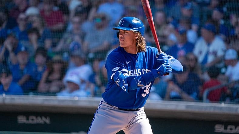 Mar 27, 2022; Mesa, Arizona, USA; Kansas City Royals infielder Nick Pratto (32) at bat in the third inning during a spring training game against the Chicago Cubs at Sloan Park. Mandatory Credit: Allan Henry-USA TODAY Sports
