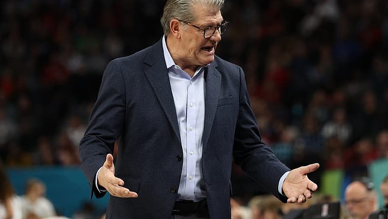 Apr 1, 2022; Minneapolis, MN, USA; UConn Huskies head coach Geno Auriemma reacts on the sidelines against the Stanford Cardinal during the first half in the Final Four semifinals of the women's college basketball NCAA Tournament at Target Center. Mandatory Credit: Matt Krohn-USA TODAY Sports