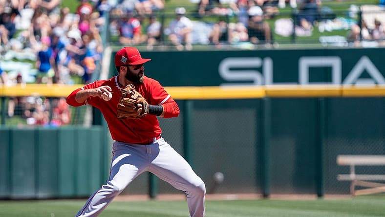 Apr 2, 2022; Mesa, Arizona, USA; Los Angeles Angels infielder Michael Stefanic (38) tags second base before throwing to first in the second inning against the Chicago Cubs during a spring training game at Sloan Park. Mandatory Credit: Allan Henry-USA TODAY Sports