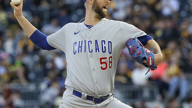 Apr 12, 2022; Pittsburgh, Pennsylvania, USA;  Chicago Cubs relief pitcher Chris Martin (58) pitches against the Pittsburgh Pirates during the sixth inning at PNC Park. Mandatory Credit: Charles LeClaire-USA TODAY Sports