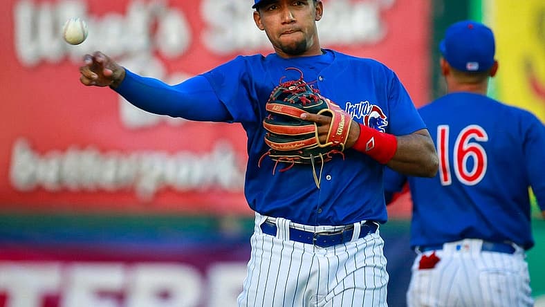 Iowa shortstop Dixon Machado throws the ball after making a defensive stop against Toledo during a Triple-A baseball game at Principal Park in Des Moines on Tuesday, April 12, 2022.
Iowacubs 20220412 Bh