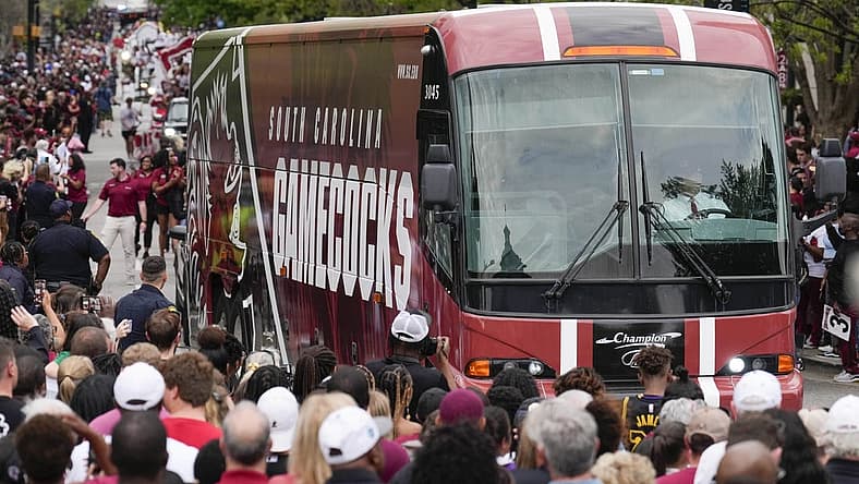 Apr 13, 2022; Columbia, SC, USA; The South Carolina Gamecocks women s basketball bus during the championship parade. Mandatory Credit: Jim Dedmon-USA TODAY Sports