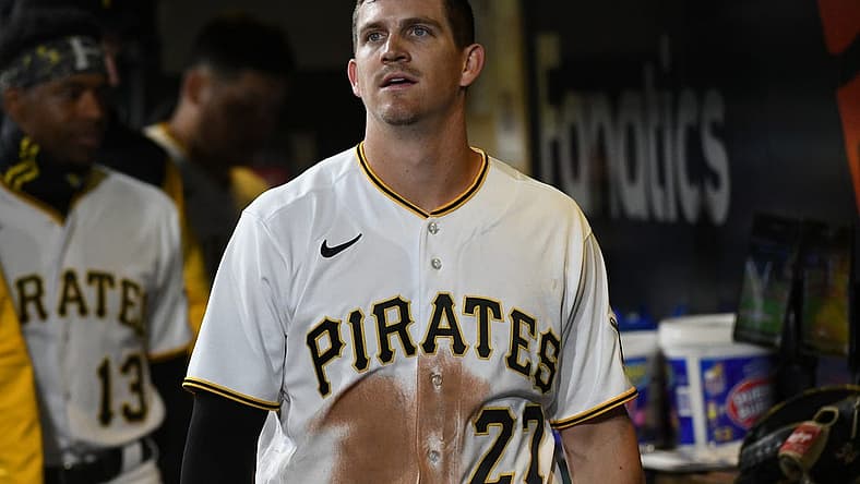 Apr 14, 2022; Pittsburgh, Pennsylvania, USA; Pittsburgh Pirates player Kevin Newman (27) watches a replay against the Washington Nationals at PNC Park. Mandatory Credit: Philip G. Pavely-USA TODAY Sports