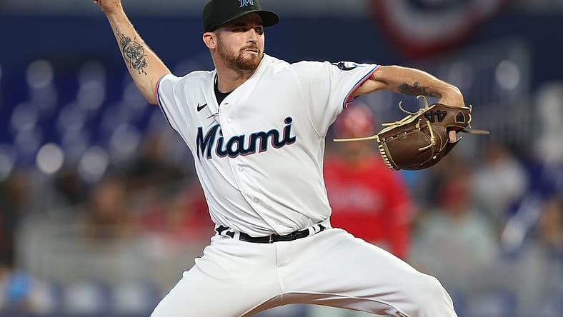 Apr 17, 2022; Miami, Florida, USA;  Miami Marlins relief pitcher Louis Head (38) throws a pitch against the Philadelphia Phillies in the ninth inning at loanDepot Park. Mandatory Credit: Nathan Ray Seebeck-USA TODAY Sports