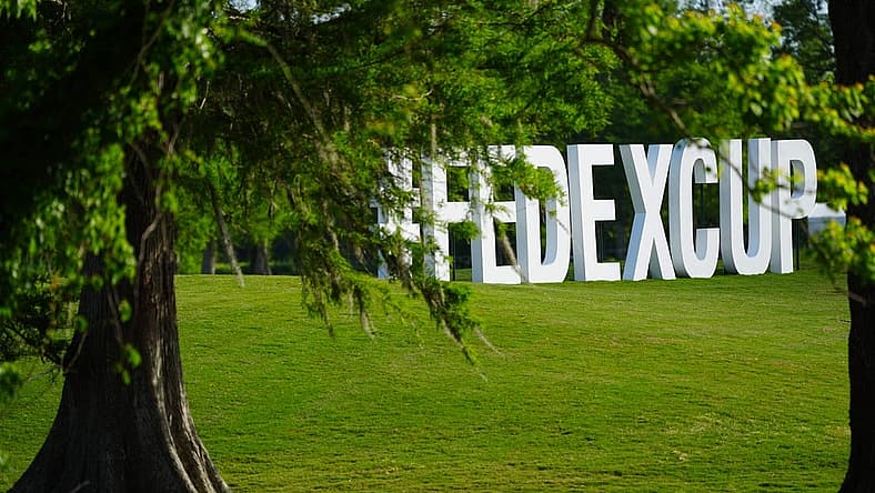 Apr 21, 2022; Avondale, Louisiana, USA; FedEx Cup signage on the course during the first round of the Zurich Classic of New Orleans golf tournament. Mandatory Credit: Andrew Wevers-USA TODAY Sports