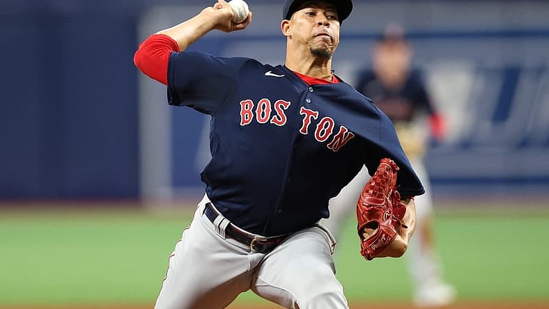 Apr 23, 2022; St. Petersburg, Florida, USA;  Boston Red Sox relief pitcher Hansel Robles (57) throws a pitch against the Tampa Bay Rays in the tenth inning at Tropicana Field. Mandatory Credit: Nathan Ray Seebeck-USA TODAY Sports
