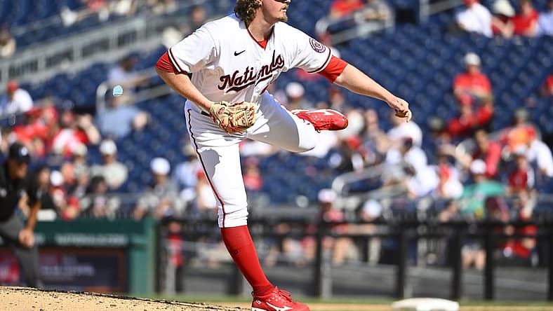 Apr 24, 2022; Washington, District of Columbia, USA; Washington Nationals relief pitcher Sam Clay (49) throws to the San Francisco Giants during the ninth inning at Nationals Park. Mandatory Credit: Brad Mills-USA TODAY Sports