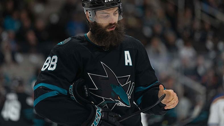 Apr 21, 2022; San Jose, California, USA; San Jose Sharks defenseman Brent Burns (88) during the first period against the St. Louis Blues at SAP Center at San Jose. Mandatory Credit: Stan Szeto-USA TODAY Sports