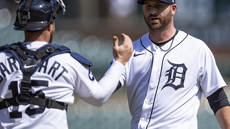 May 10, 2022; Detroit, Michigan, USA; Detroit Tigers starting pitcher Drew Hutchison (40) celebrates with catcher Tucker Barnhart (15) after the game against the Oakland Athletics at Comerica Park. Mandatory Credit: Raj Mehta-USA TODAY Sports