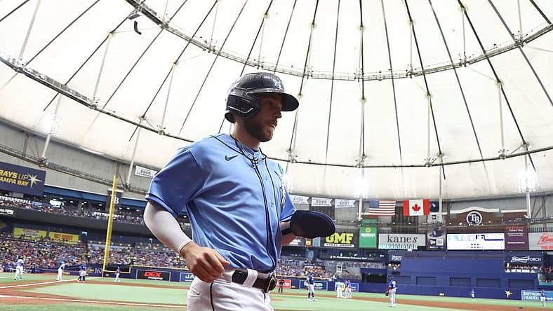 May 15, 2022; St. Petersburg, Florida, USA; Tampa Bay Rays second baseman Brandon Lowe (8) scores a run during the sixth inning against the Toronto Blue Jays at Tropicana Field. Mandatory Credit: Kim Klement-USA TODAY Sports