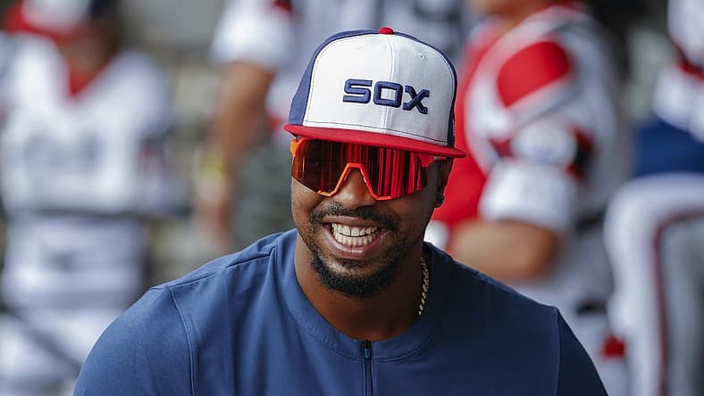 May 15, 2022; Chicago, Illinois, USA; Injured Chicago White Sox left fielder Eloy Jimenez smiles before a baseball game against the New York Yankees at Guaranteed Rate Field. Mandatory Credit: Kamil Krzaczynski-USA TODAY Sports