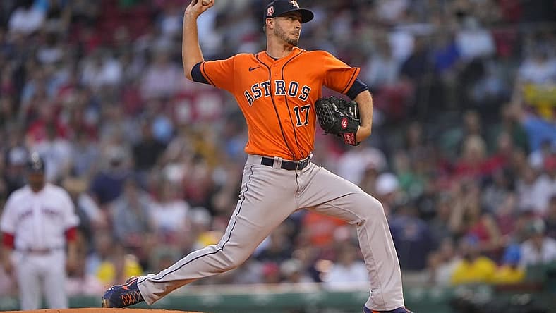 May 16, 2022; Boston, Massachusetts, USA; Houston Astros pitcher Jake Odorizzi (17) delivers a pitch against the Boston Red Sox during the first inning at Fenway Park. Mandatory Credit: Gregory Fisher-USA TODAY Sports