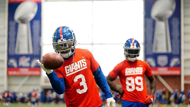 New York Giants wide receiver Sterling Shepard (3) makes one-handed catches as Kadarius Toney (89) looks on during organized team activities (OTAs) at the training center in East Rutherford on Thursday, May 19, 2022.
Nfl Ny Giants Practice