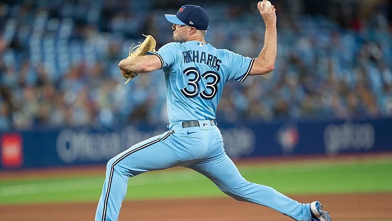 May 16, 2022; Toronto, Ontario, CAN; Toronto Blue Jays relief pitcher Trevor Richards (33) throws a pitch against the Seattle Mariners during the seventh inning at Rogers Centre. Mandatory Credit: Nick Turchiaro-USA TODAY Sports