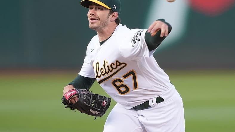 May 16, 2022; Oakland, California, USA; Oakland Athletics starting pitcher Zach Logue (67) throws a pitch during the first inning against the Minnesota Twins at RingCentral Coliseum. Mandatory Credit: Darren Yamashita-USA TODAY Sports