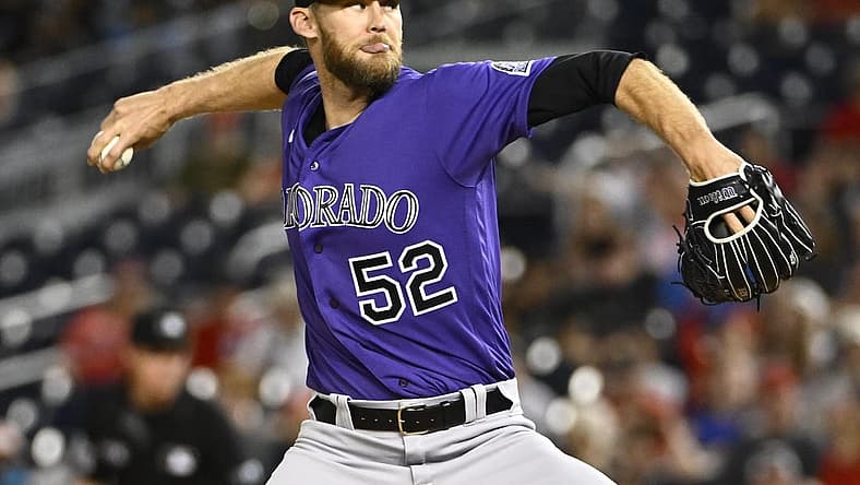 May 28, 2022; Washington, District of Columbia, USA; Colorado Rockies relief pitcher Daniel Bard (52) throws to the Washington Nationals during the ninth inning at Nationals Park. Mandatory Credit: Brad Mills-USA TODAY Sports