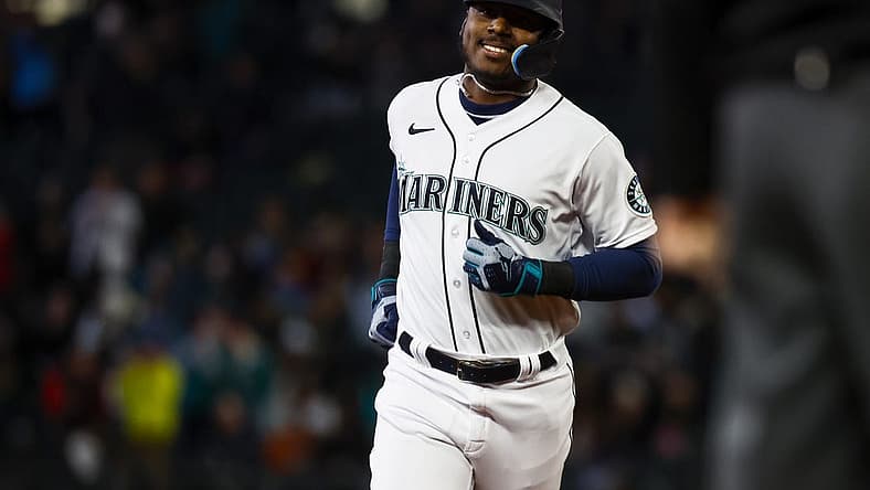 May 28, 2022; Seattle, Washington, USA; Seattle Mariners designated hitter Kyle Lewis (1) runs the bases after hitting a solo home run against the Houston Astros during the second inning at T-Mobile Park. Mandatory Credit: Joe Nicholson-USA TODAY Sports