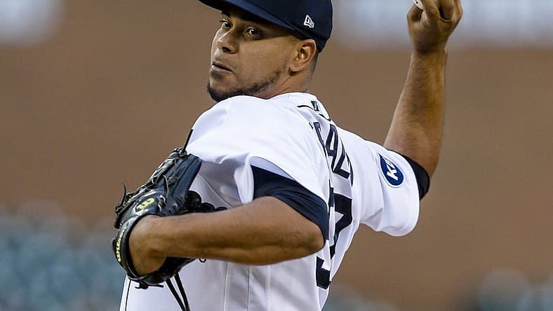 May 31, 2022; Detroit, Michigan, USA; Detroit Tigers relief pitcher Wily Peralta (58) pitches during the fifth inning against the Minnesota Twins at Comerica Park. Mandatory Credit: Raj Mehta-USA TODAY Sports