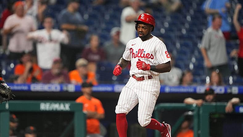 May 31, 2022; Philadelphia, Pennsylvania, USA; Philadelphia Phillies center fielder Roman Quinn (24) scores a run on a single by third baseman Alec Bohm (28) (not pictured) during the eleventh inning against the San Francisco Giants at Citizens Bank Park. Mandatory Credit: Gregory Fisher-USA TODAY Sports