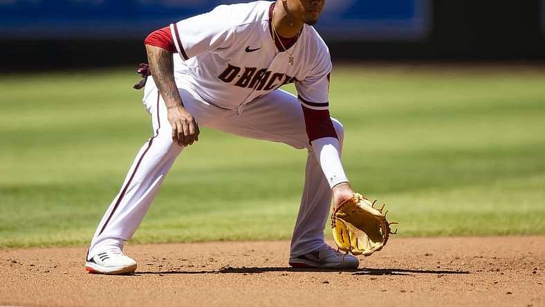 Apr 27, 2022; Phoenix, Arizona, USA; Arizona Diamondbacks infielder Sergio Alcantara against the Los Angeles Dodgers at Chase Field. Mandatory Credit: Mark J. Rebilas-USA TODAY Sports