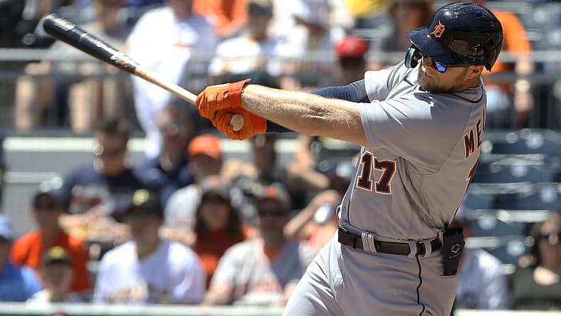 Jun 8, 2022; Pittsburgh, Pennsylvania, USA; Detroit Tigers right fielder Austin Meadows (17) hits a single against the Pittsburgh Pirates during the first inning at PNC Park. Mandatory Credit: Charles LeClaire-USA TODAY Sports