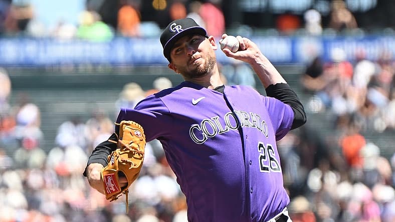 Jun 9, 2022; San Francisco, California, USA; Colorado Rockies starting pitcher Austin Gomber (26) throws a pitch against the San Francisco Giants during the first inning at Oracle Park. Mandatory Credit: Robert Edwards-USA TODAY Sports