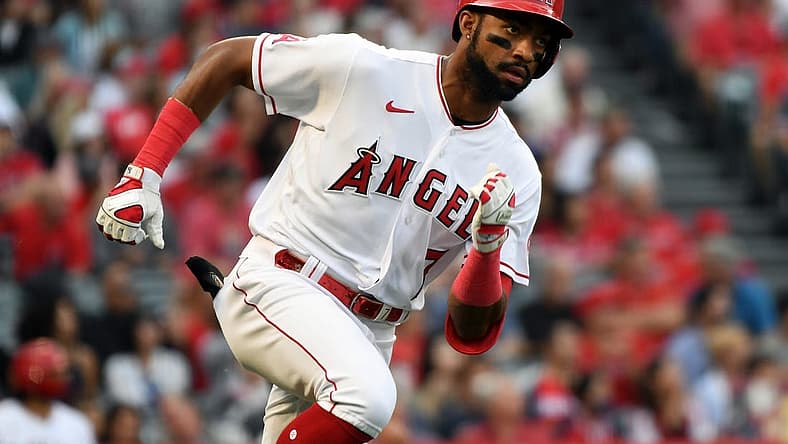 Jun 9, 2022; Anaheim, California, USA; Los Angeles Angels left fielder Jo Adell (7) runs to second on a double against the Boston Red Sox in the second inning at Angel Stadium. Mandatory Credit: Richard Mackson-USA TODAY Sports