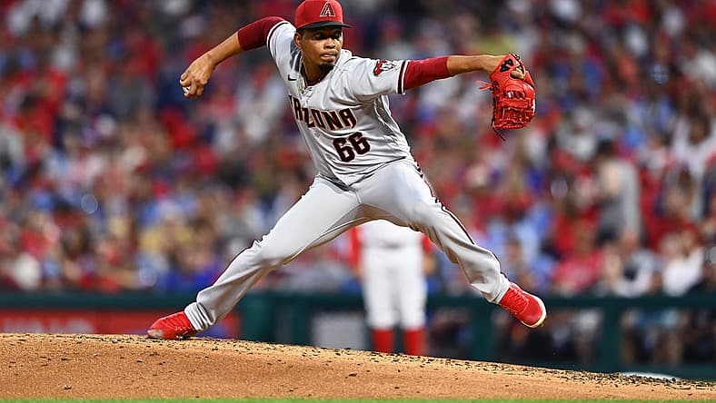 Jun 10, 2022; Philadelphia, Pennsylvania, USA; Arizona Diamondbacks pitcher Edwin Uceta (66) throws a pitch against the Philadelphia Phillies in the fourth inning at Citizens Bank Park. Mandatory Credit: Kyle Ross-USA TODAY Sports