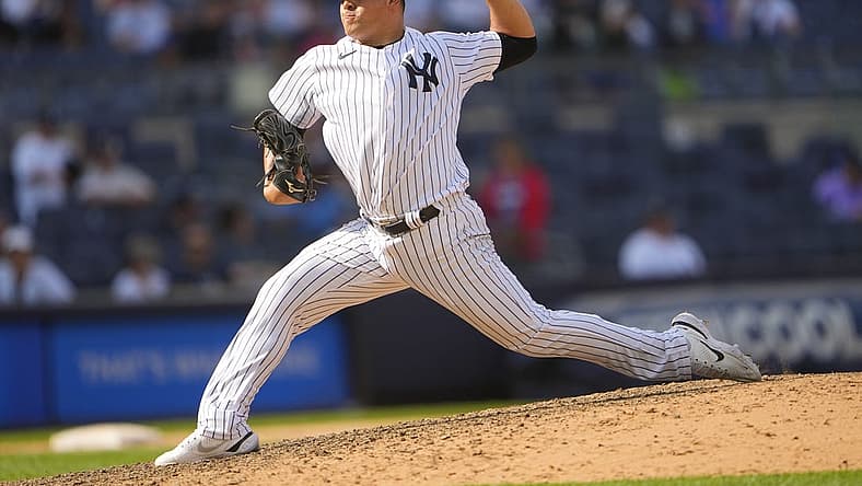 Jun 12, 2022; Bronx, New York, USA; New York Yankees pitcher Manny Banuelos (68) delivers a pitch against the Chicago Cubs during the ninth inning at Yankee Stadium. Mandatory Credit: Gregory Fisher-USA TODAY Sports
