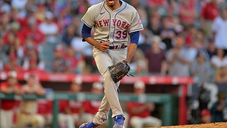 Jun 12, 2022; Anaheim, California, USA; New York Mets relief pitcher Edwin Diaz (39) reacts after pitching a scoreless ninth inning to earn a save and defeat the Los Angeles Angels at Angel Stadium. Mandatory Credit: Jayne Kamin-Oncea-USA TODAY Sports