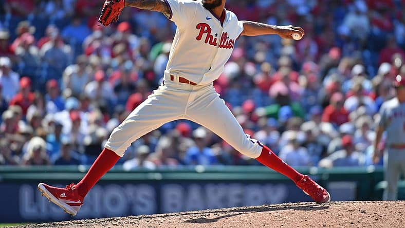 Jun 5, 2022; Philadelphia, Pennsylvania, USA; Philadelphia Phillies relief pitcher Cristopher Sanchez (61) throws a pitch against the Los Angeles Angels during the sixth inning at Citizens Bank Park. Mandatory Credit: Eric Hartline-USA TODAY Sports