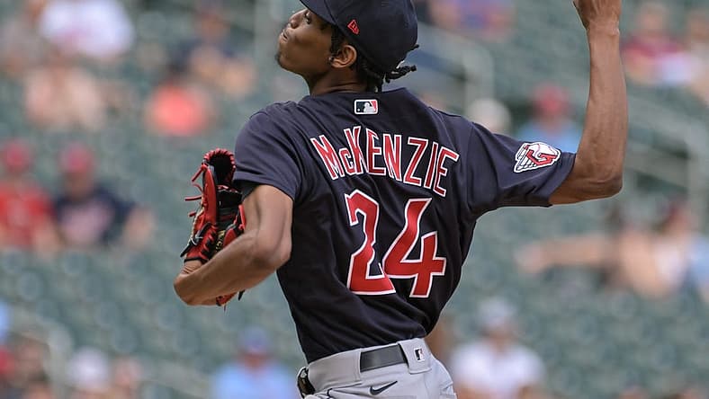 May 15, 2022; Minneapolis, Minnesota, USA; Cleveland Guardians starting pitcher Triston McKenzie (24) in action against the Minnesota Twins at Target Field. Mandatory Credit: Jeffrey Becker-USA TODAY Sports