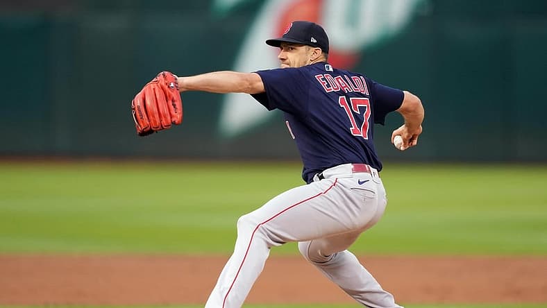 Jun 3, 2022; Oakland, California, USA; Boston Red Sox starting pitcher Nathan Eovaldi (17) throws a pitch against the Oakland Athletics during the third inning at RingCentral Coliseum. Mandatory Credit: Darren Yamashita-USA TODAY Sports