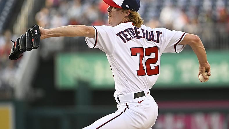 Jun 14, 2022; Washington, District of Columbia, USA; Washington Nationals starting pitcher Jackson Tetreault (72) throws to the Atlanta Braves during the first inning at Nationals Park. Mandatory Credit: Brad Mills-USA TODAY Sports