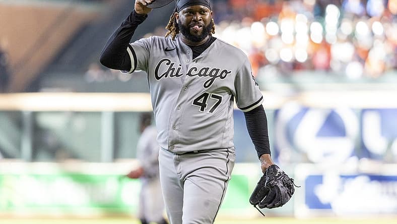 Jun 18, 2022; Houston, Texas, USA; Chicago White Sox starting pitcher Johnny Cueto (47) at the end of the seventh inning against the Houston Astros at Minute Maid Park. Mandatory Credit: Thomas Shea-USA TODAY Sports