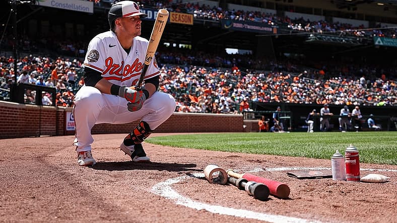 Jun 19, 2022; Baltimore, Maryland, USA; Baltimore Orioles first baseman Ryan Mountcastle (6) looks on from the batters circle during the third inning of the game against the Tampa Bay Rays at Oriole Park at Camden Yards. Mandatory Credit: Scott Taetsch-USA TODAY Sports