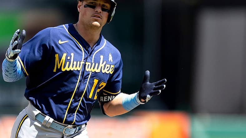 Milwaukee Brewers right fielder Hunter Renfroe (12) celebrates after hitting a 2-run home run in the seventh inning of the MLB game between the Cincinnati Reds and the Milwaukee Brewers in Cincinnati at Great American Ball Park on Sunday, June 19, 2022.

Milwaukee Brewers At Cincinnati Reds 41