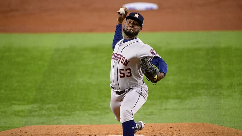 Jun 13, 2022; Arlington, Texas, USA; Houston Astros starting pitcher Cristian Javier (53) in action during the game between the Texas Rangers and the Houston Astros at Globe Life Field. Mandatory Credit: Jerome Miron-USA TODAY Sports