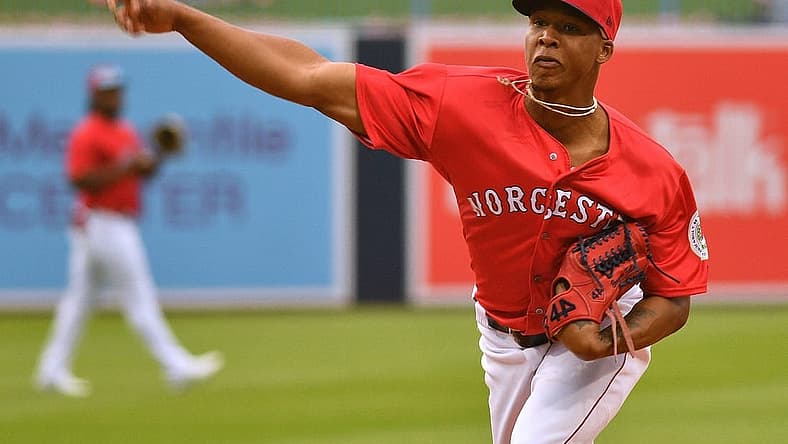 Worcester Red Sox pitching prospect Brayan Bello throws a pitch during Wedneday's game against the Toledo Mud Hens.

CP 2