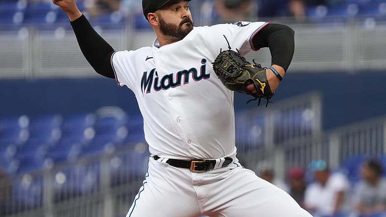 Jun 22, 2022; Miami, Florida, USA; Miami Marlins starting pitcher Pablo Lopez (49) delivers a pitch in the first half inning against the Colorado Rockies at loanDepot park. Mandatory Credit: Jasen Vinlove-USA TODAY Sports
