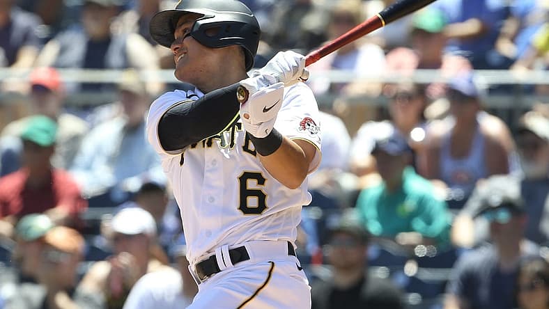 Jun 23, 2022; Pittsburgh, Pennsylvania, USA;  Pittsburgh Pirates designated hitter Yu Chang (6) hits a single against the Chicago Cubs during the sixth inning at PNC Park. Mandatory Credit: Charles LeClaire-USA TODAY Sports