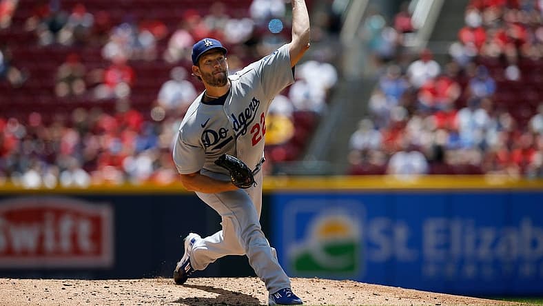 Los Angeles Dodgers starting pitcher Clayton Kershaw (22) throws a pitch in the second inning of the MLB National League game between the Cincinnati Reds and the Los Angeles Dodgers at Great American Ball Park in downtown Cincinnati on Thursday, June 23, 2022.

Los Angeles Dodgers At Cincinnati Reds